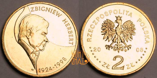 2 zł 2008 r. - Zbigniew Herbert (1924-1998), dwa złote NG