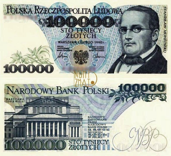 Banknot 100000 zł 1990 MONIUSZKO sto tysięcy złotych UNC